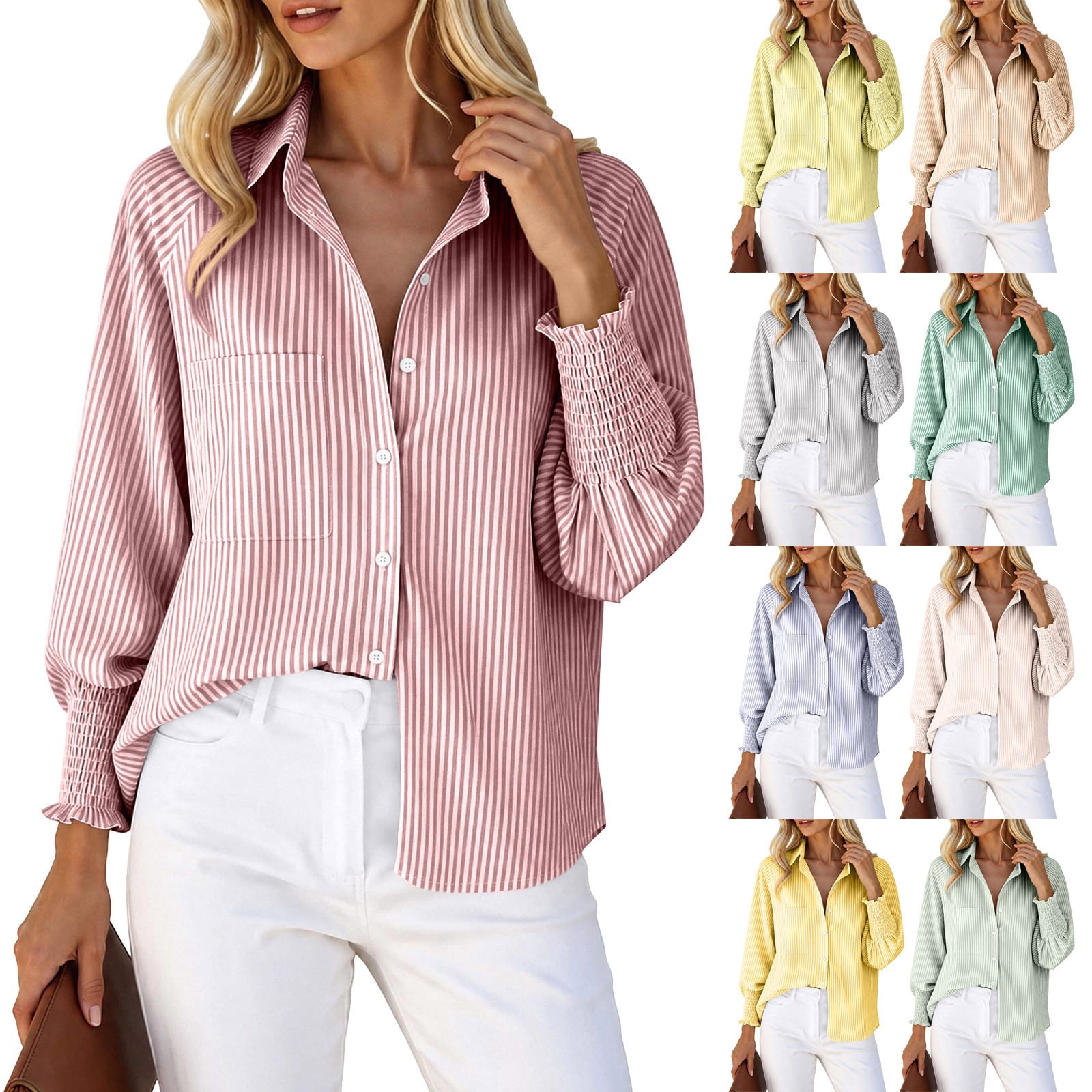 Women's Striped Button Up Shirts with Smocked Long Sleeve Lapel Collar Loose Fit Dressy Casual Trendy Blouses (XL, Pink)