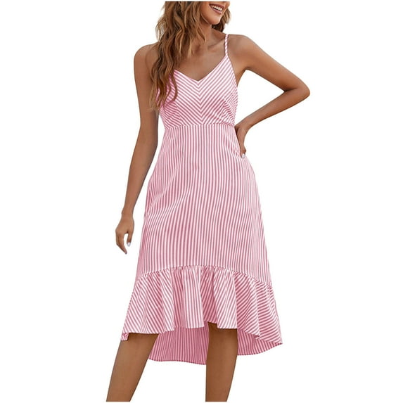 Women's Striped Camis Dresses Sleeveless Spaghetti Straps V-neck High Low Midi Dress Ruffle Beach Party Dress