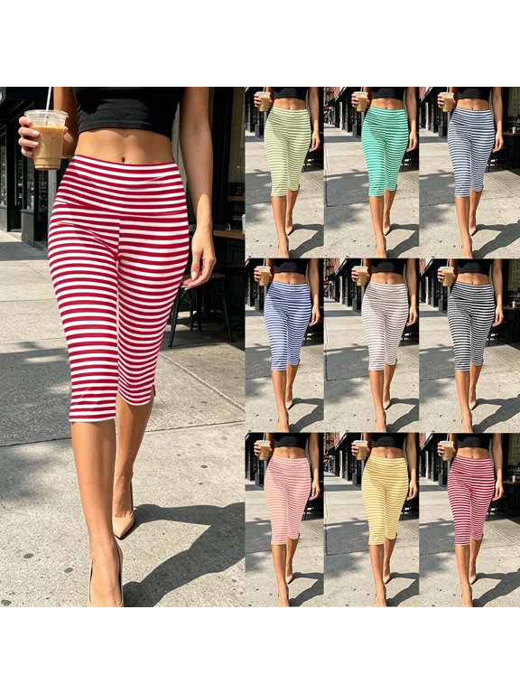 Women's Striped Capri Leggings Fold Over High Waist Tummy Control Workout Yoga Pants Split Hem Knee Length Soft Stretch Casual Pants Yellow