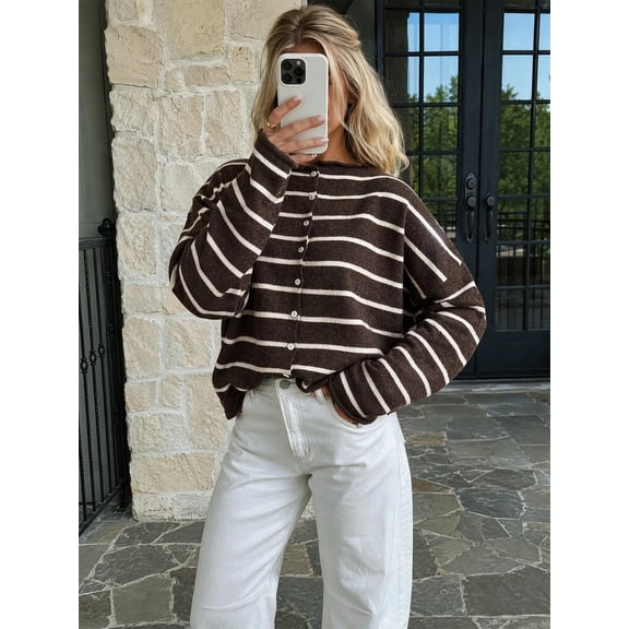 Women's Striped Cardigan Button Down Long Sleeve Crew Neck Knit Sweater