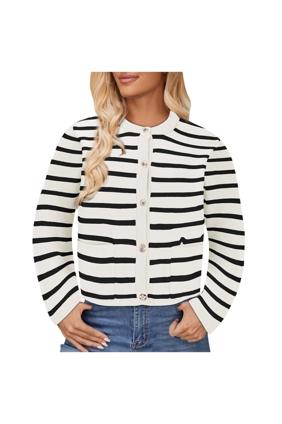 Women's Striped Cardigan Sweater Button Down Knit Loose Top Long Sleeve Casual Jacket with Pockets Crew Neck Winter Short Coat (Beige L)