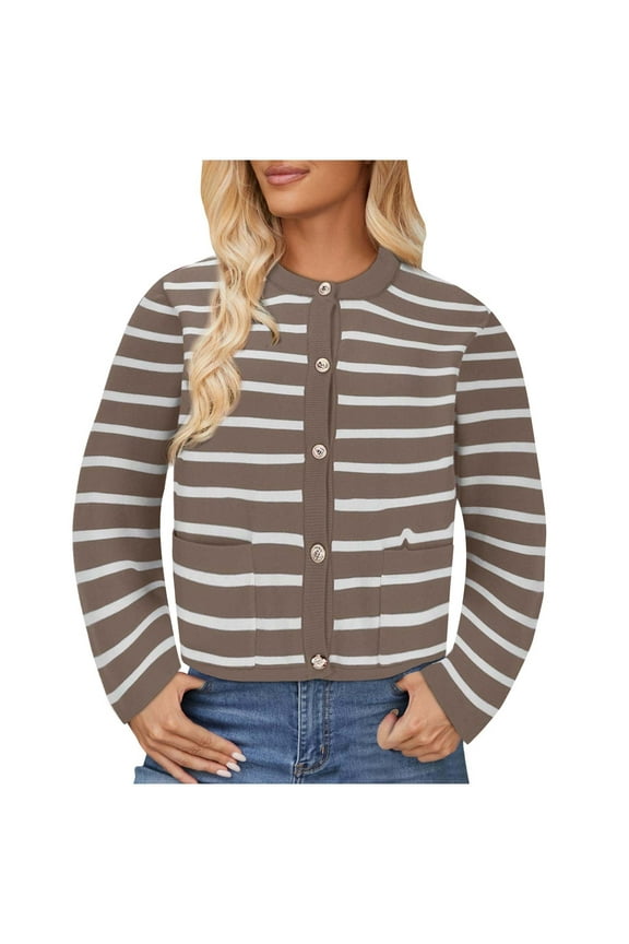 Women's Striped Cardigan Sweater Button Down Knit Loose Top Long Sleeve Casual Jacket with Pockets Crew Neck Winter Short Coat (Coffee XL)