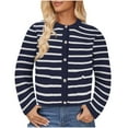 thumbnail image 1 of Women's Striped Cardigan Sweater Button Down Knit Loose Top Long Sleeve Casual Jacket with Pockets Crew Neck Winter Short Coat (Navy L), 1 of 5