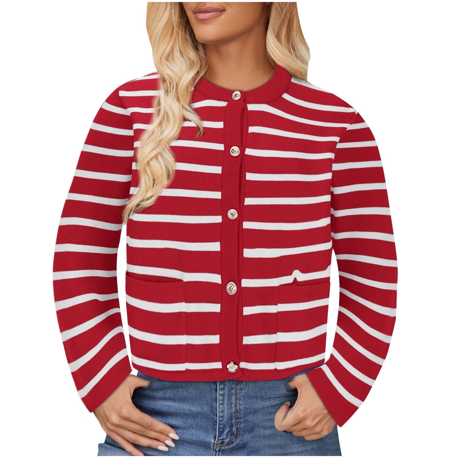 Women's Striped Cardigan Sweater Button Down Knit Loose Top Long