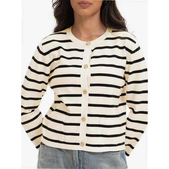 Women's Striped Cardigan Sweater Trendy Long Sleeve Button Down Crew neck Cardigans