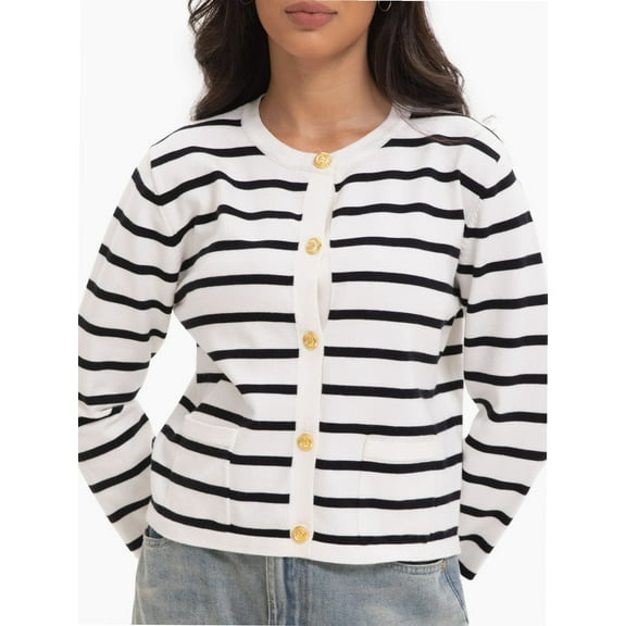 Women's Striped Cardigan Sweater Trendy Long Sleeve Button Down Crew neck Cardigans