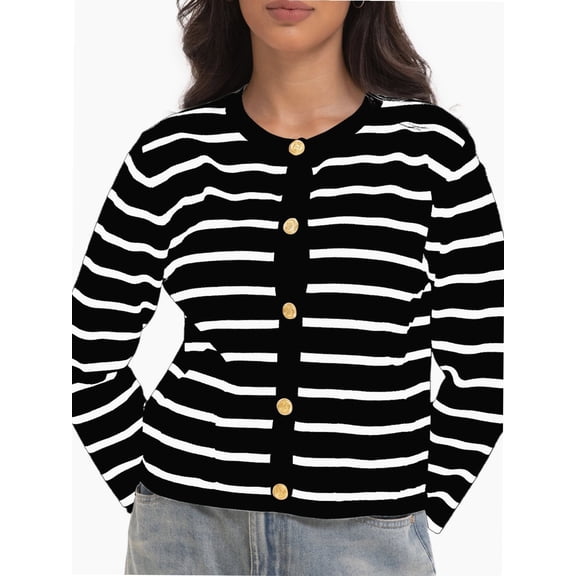 Women's Striped Cardigan Sweater Trendy Long Sleeve Button Down Crew neck Cardigans