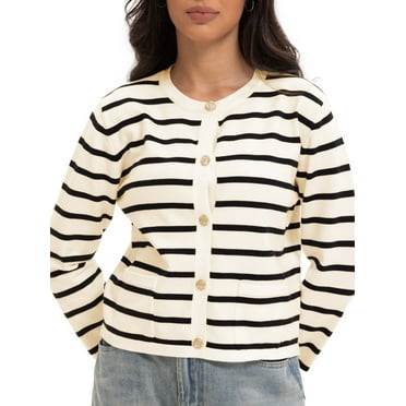 Women's Striped Cardigan Sweater Trendy Long Sleeve Button Down Crew neck Cardigans