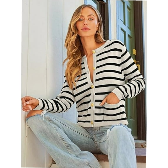 Women's Striped Cardigan Sweater Trendy Long Sleeve Button Down Crew neck Cardigans
