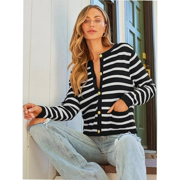 Women's Striped Cardigan Sweater Trendy Long Sleeve Button Down Crew neck Cardigans