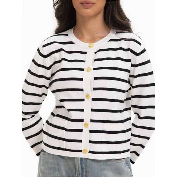 Women's Striped Cardigan Sweater Trendy Long Sleeve Button Down Crew neck Cardigans