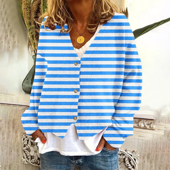 Women's Striped Cardigan Sweaters Fashion Casual Long Sleeve V Neck Button Knitted Jacket Fall Winter Outerwear New Fall Jackets for Women Trendy Light Blue XL