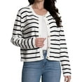 thumbnail image 1 of Women's Striped Cardigan Sweaters Trendy Long Sleeve Crew Neck Button Open Front Loose Lightweight Knit Crop Sweater, 1 of 4