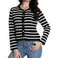 thumbnail image 1 of Women's Striped Cardigan Sweaters Trendy Long Sleeve Crew Neck Button Open Front Loose Lightweight Knit Crop Sweater, 1 of 4