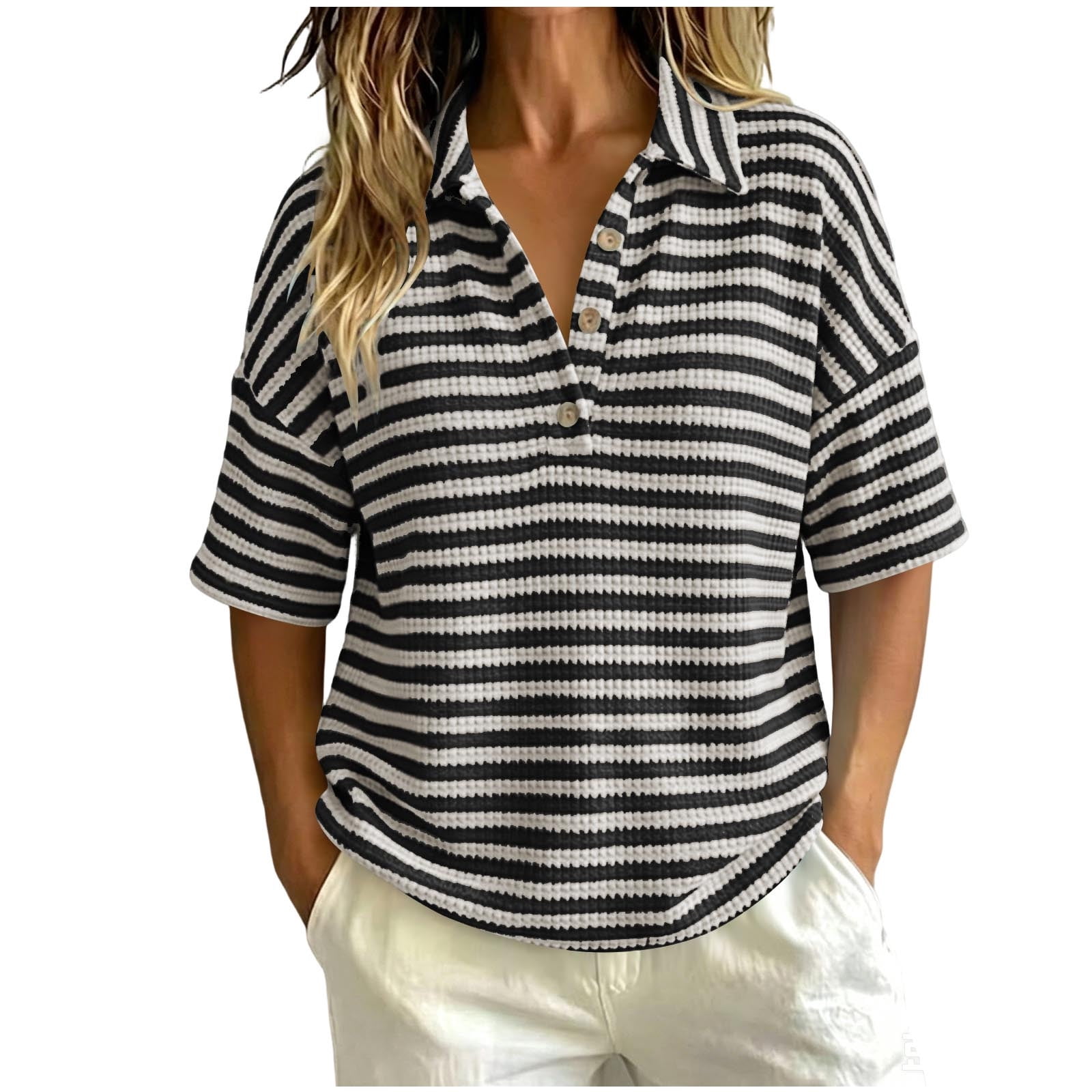 Women's Striped Casual Blouse Waffle Knit Polo Shirt Short Sleeve