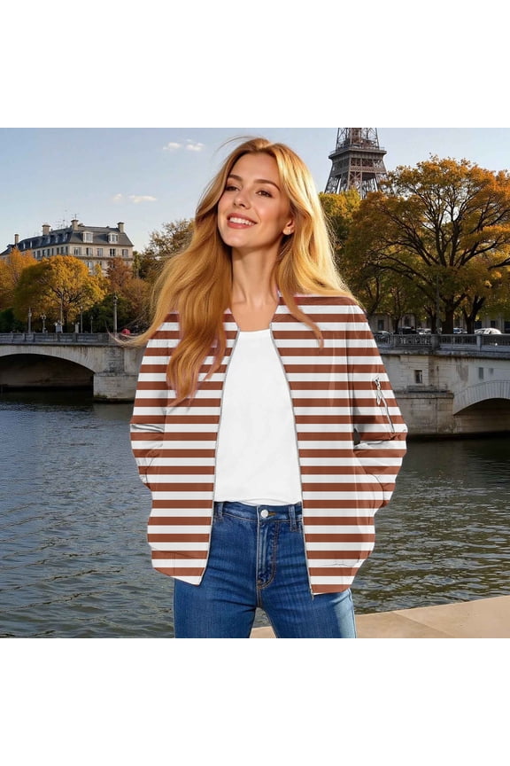 Women's Striped Casual Jacket, Soft Comfortable Outerwear, Breathable Lightweight Coat for Everyday Wear, Easy Care Loose Fit Design for Daily Casual Activities, Fashionable Jacket for Women Brown L