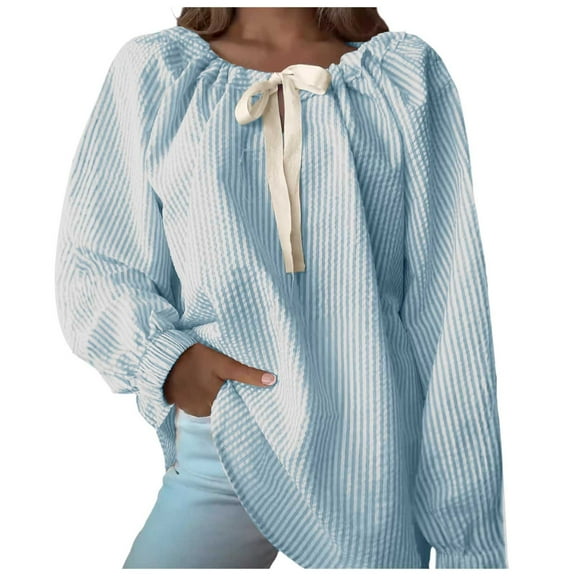 Women's Striped Chiffon Shirts Boat Neck Long Sleeve Dressy Business Casual Work Blouses with Bow Tie Fall Fashion Tops