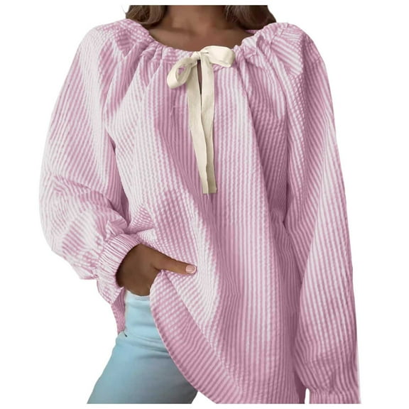 Women's Striped Chiffon Shirts Boat Neck Long Sleeve Dressy Business Casual Work Blouses with Bow Tie Fall Fashion Tops