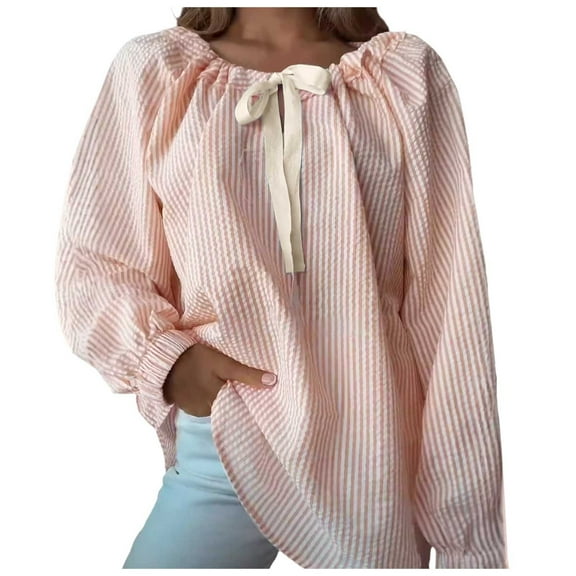 Women's Striped Chiffon Shirts Boat Neck Long Sleeve Dressy Business Casual Work Blouses with Bow Tie Fall Fashion Tops