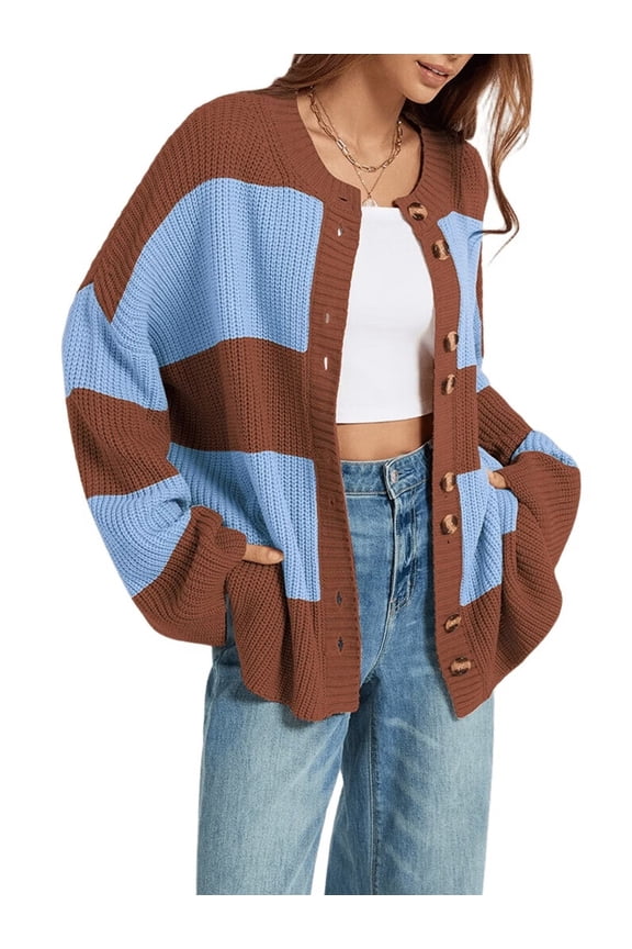 Women's Striped Chunky Cardigan Sweaters Button Up Fall Color Block Long Sleeve Knit Sweater Coats Rust Red XL