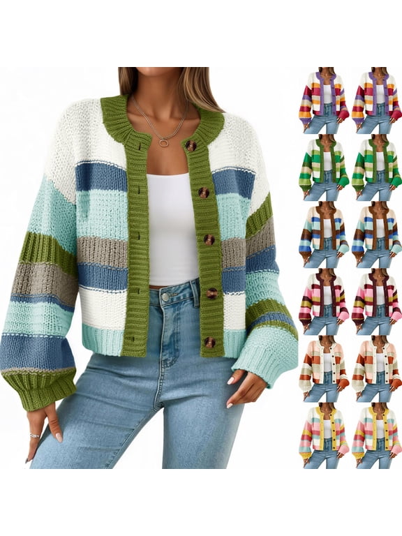 Women's Striped Chunky Needle Button-Down Cardigan Sweater Colorblock Long Sleeve Knitted Jacket for Fall and Winter Fashion,Blue,S