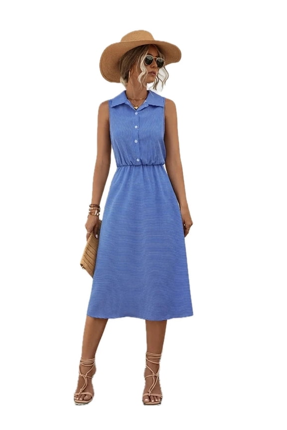 Women's Striped Collared Neck Sleeveless Midi Dress with Buttoned Sheer and Opaque Stretch 95% polyester 5% elastane