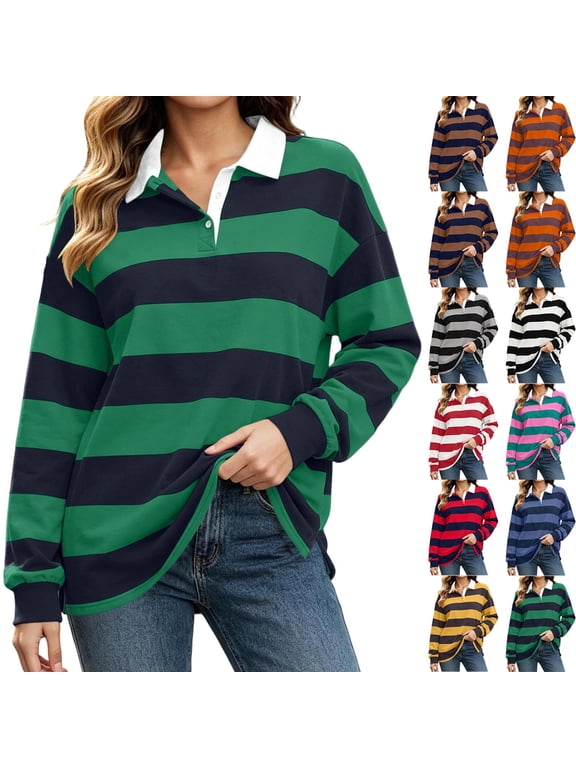 Women's Striped Collared Shirt Long Sleeve Half Button Pullover Casual Top