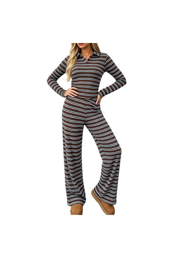 Women's Striped Collared V Neck Long Sleeve Slim Top Flare Pants 2 Piece Outfit, Stretch Casual Loungewear Matching Set Blue L(L)