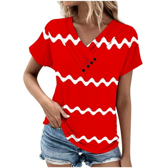 Women's Striped Color Block 1/4 Button up Blouse Henley Neck Flowy Shirts Fashion Vintage Short Sleeve Tunic Tops Loose Fit Flowy Y2K Tops Dressy Casual Summer Clothes for Teen Girls Red T Shirts L