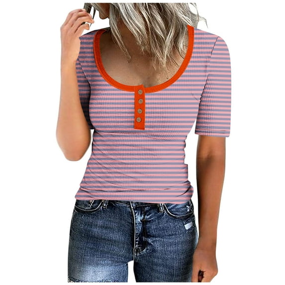 Women's Striped Color Block Short Sleeve Tunic Tops for Lady Loose Fit Flowy Y2K Tops Dressy Casual Vintage Round Neck Blouse Summer Clothes for Teen Girls Button up Neck Fashion 2024 Pink T Shirts S