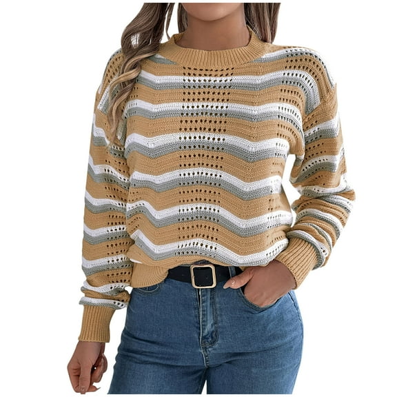 Women's Striped Color Block Sweater Long Sleeve Crew Neck Knit Pullover Tops Casual Loose Fit Basic Sweater
