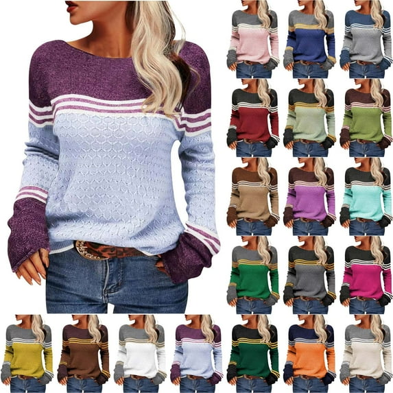 Women's Striped Color-matching Pullover Sweater Khaki qILAKOG Size XXL