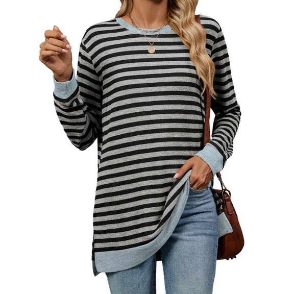 New Women's Striped Contrast Color Round Neck Long Sleeve Loose T-Shirt Top