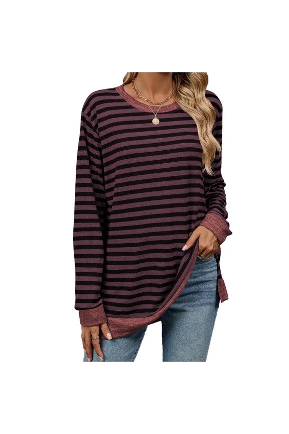New Women's Striped Contrast Color Round Neck Long Sleeve Loose T-Shirt Top