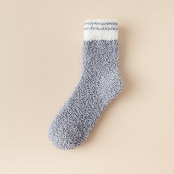 Women's Striped Coral Fleece Socks, Mid-Crew Length Plush Thermal Socks, Non-Slip Grip House Slipper Socks, Cozy Winter Bed Socks, Soft Patterned Sleep Socks - Grey