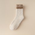 thumbnail image 1 of Women's Striped Coral Fleece Socks, Mid-Crew Length Plush Thermal Socks, Non-Slip Grip House Slipper Socks, Cozy Winter Bed Socks, Soft Patterned Sleep Socks - Beige, 1 of 10