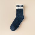 thumbnail image 1 of Women's Striped Coral Fleece Socks, Mid-Crew Length Plush Thermal Socks, Non-Slip Grip House Slipper Socks, Cozy Winter Bed Socks, Soft Patterned Sleep Socks - Navy, 1 of 10