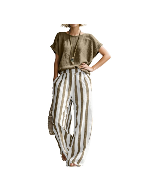 Women's Striped Cotton Linen 2 Piece Outfits Casual Loose Fit Short Sleeve Button Down Shirt and Wide Leg Pants Set,Khaki,XXL