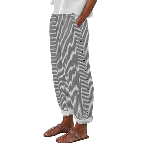Women's Striped Cotton Linen Pants High Waist Elastic Cropped Trousers with Pockets & Side Buttons, Loose Straight Leg Casual Pants Black S
