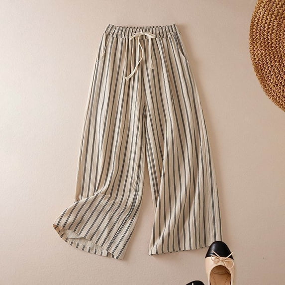 Women's Striped Cotton Linen Pants, Wide Leg Cropped Trousers with Tie Waist, Elastic Cuff Boho Casual Pants for Women, Loose Fit Summer Palazzo Pants Beige L