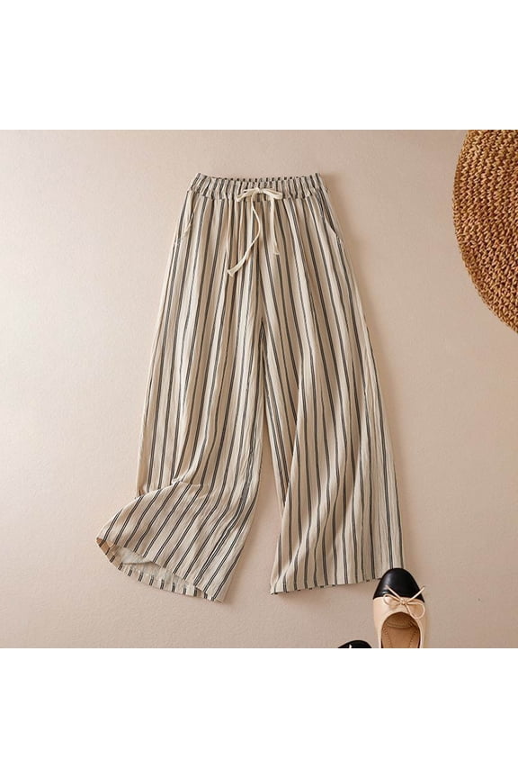 Women's Striped Cotton Linen Pants, Wide Leg Cropped Trousers with Tie Waist, Elastic Cuff Boho Casual Pants for Women, Loose Fit Summer Palazzo Pants Beige L