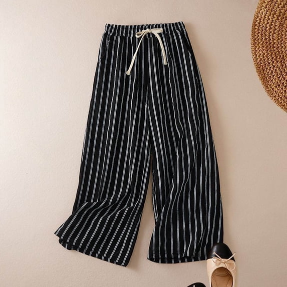 Women's Striped Cotton Linen Pants, Wide Leg Cropped Trousers with Tie Waist, Elastic Cuff Boho Casual Pants for Women, Loose Fit Summer Palazzo Pants Black XXXL