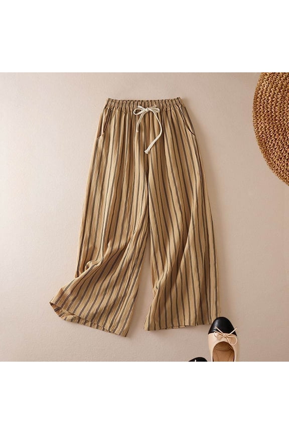 Women's Striped Cotton Linen Pants, Wide Leg Cropped Trousers with Tie Waist, Elastic Cuff Boho Casual Pants for Women, Loose Fit Summer Palazzo Pants Khaki M
