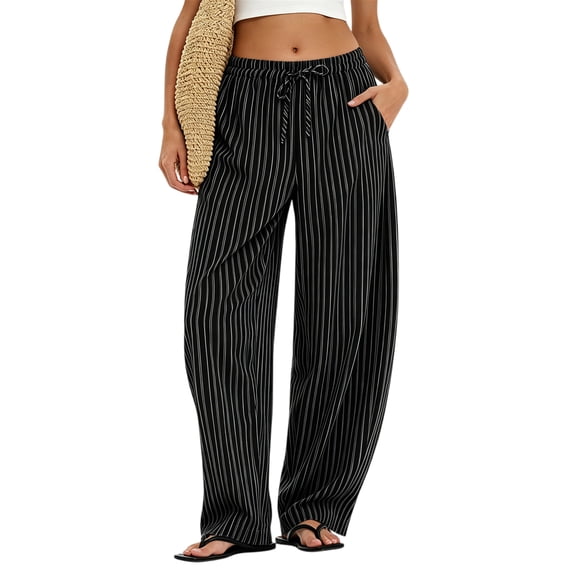 Women's Striped Cotton Linen Wide Leg Pants, Elastic Drawstring Waist Straight Long Trousers with Pockets, Casual Summer Loose Pants for Daily Vacation Wear 01-Black M