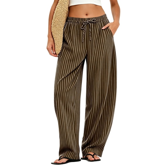 Women's Striped Cotton Linen Wide Leg Pants, Elastic Drawstring Waist Straight Long Trousers with Pockets, Casual Summer Loose Pants for Daily Vacation Wear 02-Brown XL