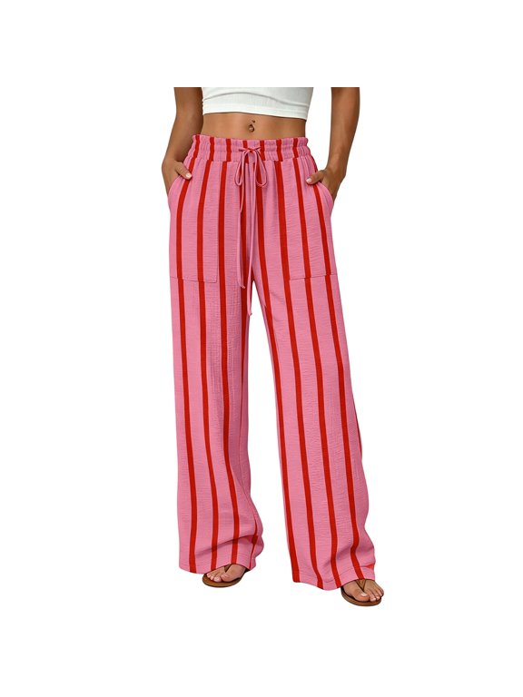 Women's Striped Cotton Linen Wide Leg Pants, High Waisted Baggy Summer Trousers with Side Patch Pockets, Soft Breathable Loose Striped Pants for Travel Weekend Errands Hot Pink XL