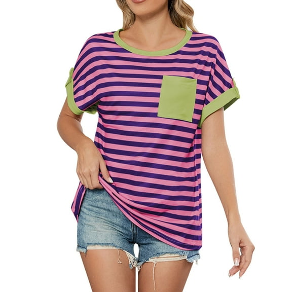 Women's Striped Crew Neck Short Sleeve Top, Polyester, Baggy Loose Fit, Casual Style, with Leggings Jeans for All Seasons