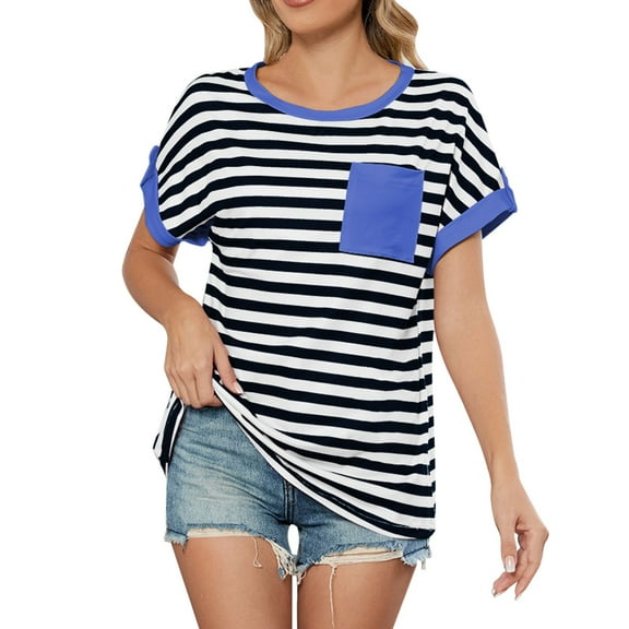 Women's Striped Crew Neck Short Sleeve Top, Polyester, Baggy Loose Fit, Casual Style, with Leggings Jeans for All Seasons
