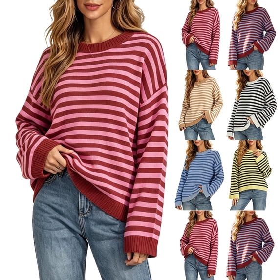 Women's Striped Crew Neck Sweater Long Sleeve Relaxed Fit Pullover Top Casual Fall Pullover
