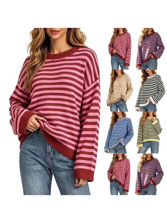 Women's Striped Crew Neck Sweater Long Sleeve Relaxed Fit Pullover Top Casual Fall Pullover